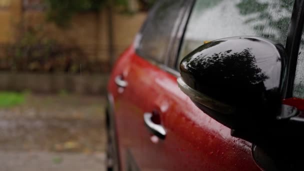 Pfütze Auf Dem Bürgersteig Einem Regnerischen Herbsttag Rotes Auto Auf — Stockvideo
