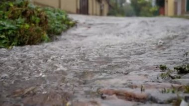 Şiddetli bir yağmurdan sonra su akar ve sıçrar, aşırı su bolluğu. Ağır çekim. Yüksek kalite 4k görüntü