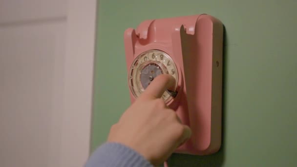 Blond Woman Calls Retro Phone 80S Rose Telephone Slow Motion — Stock Video