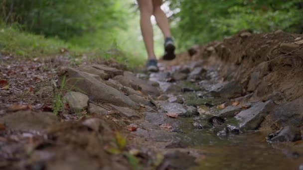 Vrouwelijke Benen Kruisen Rivierwater Stromend Stenen Berg Rotsachtige Waterloop Het — Stockvideo