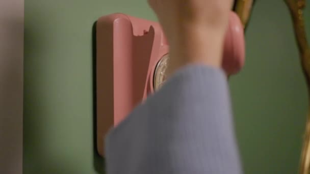 Blond Woman Calls Retro Phone 80S Rose Telephone Slow Motion — Stock Video