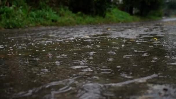 Woda Płynie Rozpryskuje Się Intensywnym Deszczu Nadmiarze Wody Zwolniony Ruch — Wideo stockowe