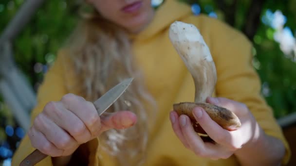 Kobieta Czyszcząca Grzyby Porcini Ogrodzie Nożem Zamykamy Nagranie Spowolnienia Wysokiej — Wideo stockowe