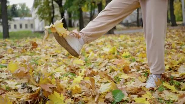 Slow Motion Close Vrouwen Voeten Zwarte Laarzen Lopen Gele Herfst — Stockvideo