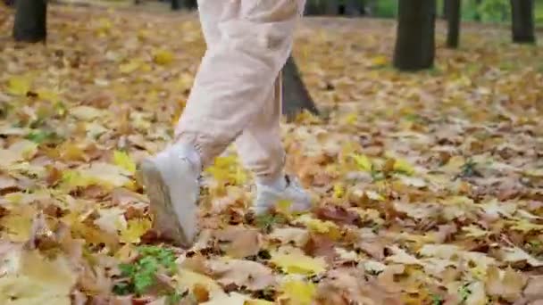 Close Vrouwenvoeten Zwarte Laarzen Lopen Het Gele Herfstblad Donkere Zool — Stockvideo