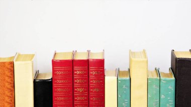 Kitapların beyaz arka planda izole edilmiş farklı kapakları vardır. Önemli bir bilgi kaynağı, edebi, bilimsel bir çalışma, kütüphanede saklanan metin ve grafik bilgilerinin bir koleksiyonu..