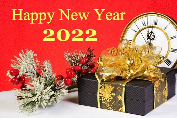 Feliz Ano Novo 2022 Inscrição Congratulações Com Fundo Ramo Elegante — Fotografia de Stock