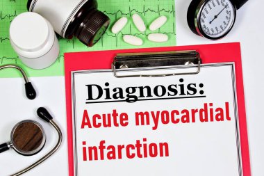 Akut miyokard enfarktüsü. Elektrokardiyogram ve ilaçların arka planında sağlık durumunu belirten bir metin etiketi.