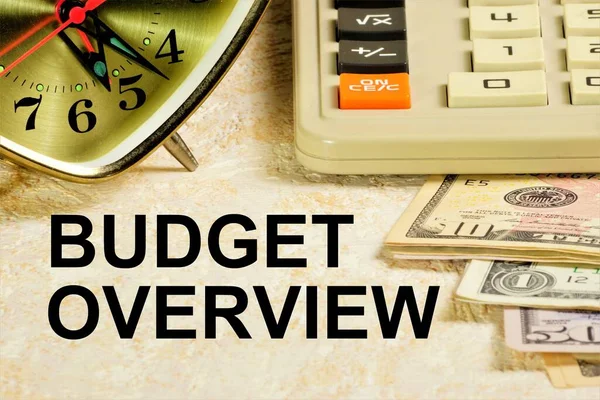 Budget Overview Inscription Background Calculator Cash Planning Optimization Financial Expenses — стоковое фото