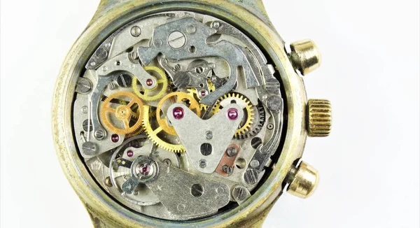 Het Horloge Mechanisch Een Blik Details Van Binnenuit Ronde Tandwielen — Stockfoto