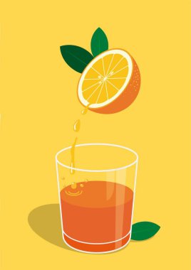 Sıvının altındaki bardağa aktığı yarım portakalın sağlıklı bir örneği. Düz ve canlı renkler. Havalı ve eğlenceli