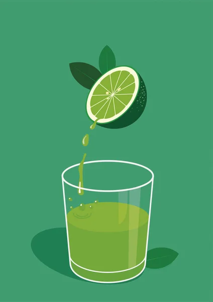 Healthy Illustration Half Lime Which Juice Flows Glass Flat Vivid — ストックベクタ