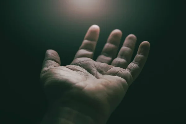 Detail Shot Palm Man Hand Facing Upwards Lit Connotes Serenity — 스톡 사진