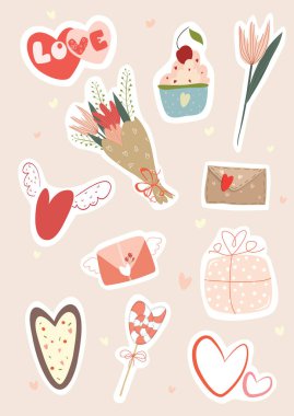 Çıkartma kiti şablonu, Tebrik ederim, Davetiyeler, Planlamacılar. Sevgililer Günü, aşk unsurları, kalp, çiçekler ve benzerleriyle ayarlandı. Vektör illüstrasyonu