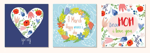 Happy Women Day March Mothers Day Cute Cards Posters Spring — Stock Vector