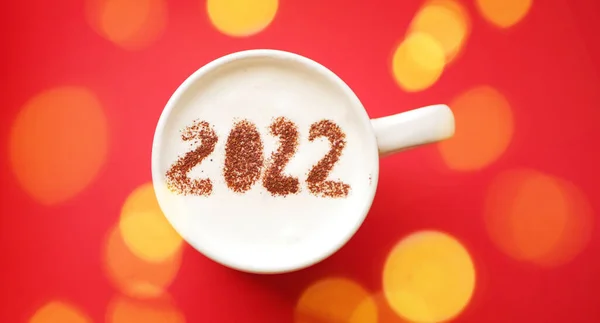 Cup Coffee Top View Hello 2022 New Year Greeting Red — Stock Photo, Image