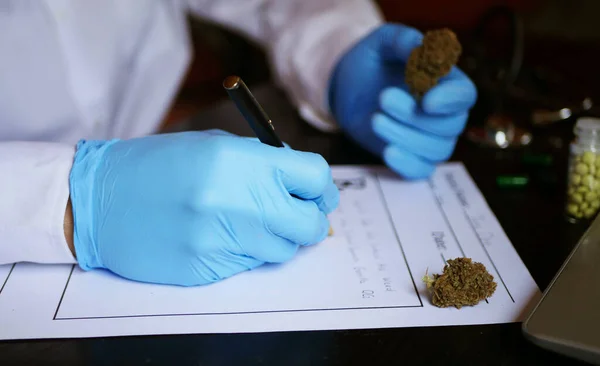 Doctor write prescription for medical cannabis. Alternative medicine concept. CBD therapy 