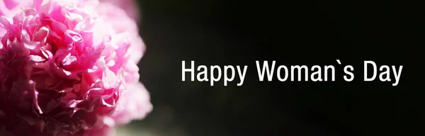 Πανό Χαιρετισμού Της Χαρούμενης Γυναίκας Μαρτίου Γιορτή Ροζ Παιώνια — Φωτογραφία Αρχείου