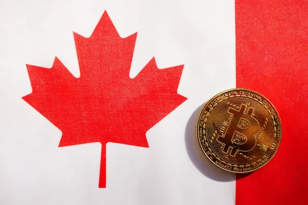 Bitcoin Leżał Kanadyjskiej Fladze Koncepcja Handlu Walutą Kryptograficzną Wirtualne Prawo — Zdjęcie stockowe