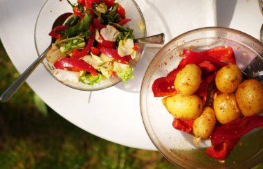 Yaz pikniği yemeği. Salatalı tabaklar ve ızgara patates manzaralı. Açık hava barbekü masası. 