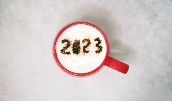 New Year Banner 2023 Cup Coffee Copy Space — Stock Photo, Image