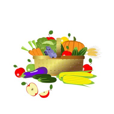 Basket with fruits and vegetables isolated on white background. Postcard for Thanksgiving Day, harvest festival.