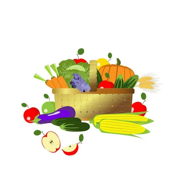 Basket Fruits Vegetables Isolated White Background Postcard Thanksgiving Day Harvest — Vetor de Stock