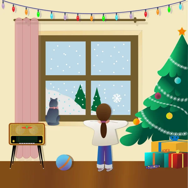 Маленькая Девочка Комнате Подарками Рождественская Елка Смотрит Окно Котом Зимний — стоковый вектор