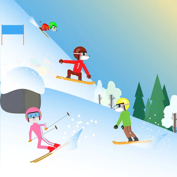 Family Mice Spends Holidays Snowy Mountains Skiing Snowboarding — Stock Vector