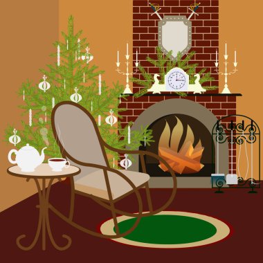 Noel 'den önceki gece mum ışığında Noel ağacı, çaydanlıkta çay, şöminenin yanında şövalye kılıçları, bir kalkan ve şömine saati.