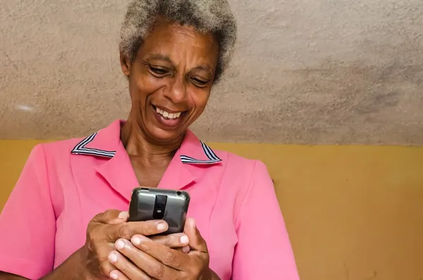 Jamaican Senior Woman Grey Black Hair Wearing Pink Blouse Collar — Stock Photo, Image