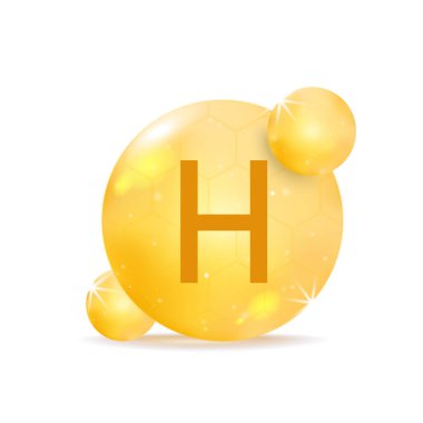 H vitamini altın ikonu. Vitamin hapı kapsülünü bırak. Vektör illüstrasyonu