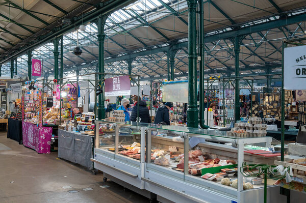 Belfast, UK- Feb 19, 2022: Meat stall at St George's Market in Belfast.