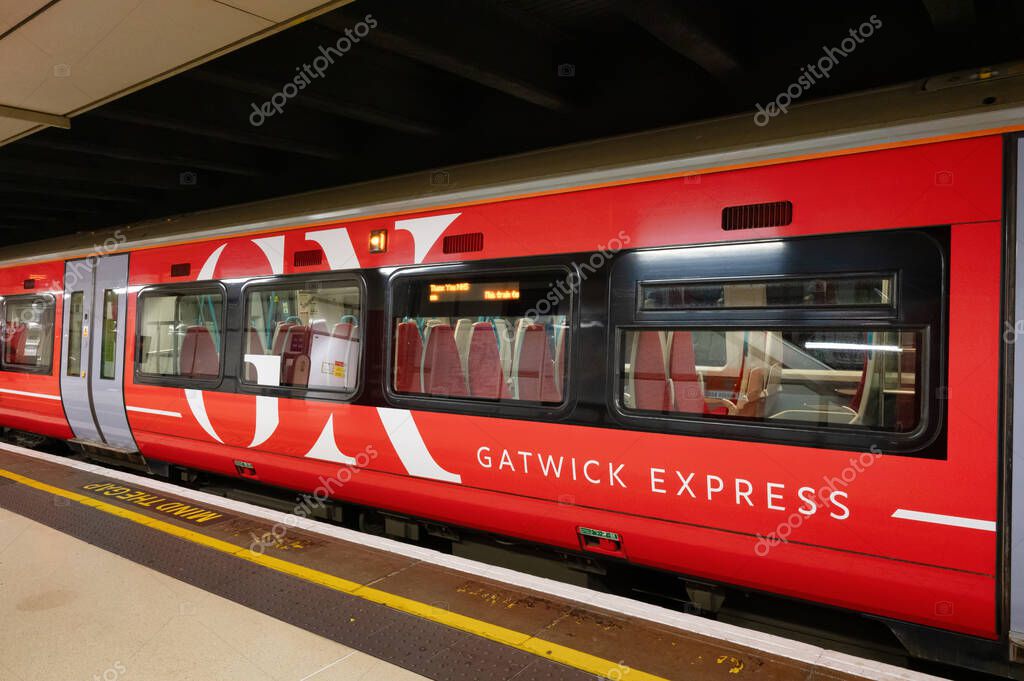London, UK- May 3, 2022: Gatwick Express Train at Victoria Station in London