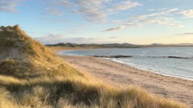 Donegal İrlanda 'da kumlu bir sahildeki kum tepelerinin videosu.