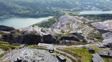 Dinorwic, UK- July 15, 2022: Aerial video of the disused slate quarry at Dinorwic in North Wales