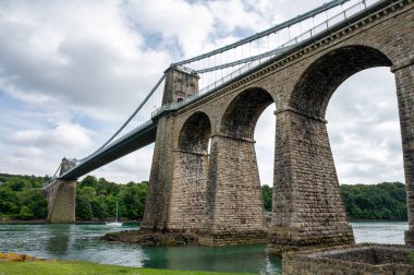 Menai Suspension Bridge built by Thomas Telford that connects the Island of Anglesey to mainland Wales