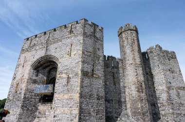 Caernarfon, UK- July 11, 2022: Queens Gate at the medieval Castle of Caernarfon in North Wales