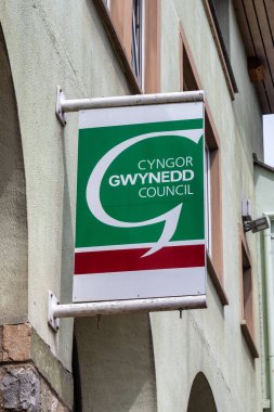 Caernarfon, UK- July 11, 2022:  The sign for Cyngor Gwynedd Council in Caernarfon in North Wales
