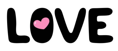 Sevgi. Sosyal medya içeriği ve baskısı için mektup. Komik el çizimi illüstrasyon tasarımı. Pembe kalpli siyah harfler. Giysi baskısı, kartpostal, video blog kapağı, çizgi roman tarzı poster