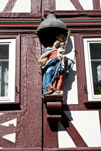 Vieille Ville Maisons Bois Bien Entretenues Avec Figure Sculptée Miltenberg — Photo