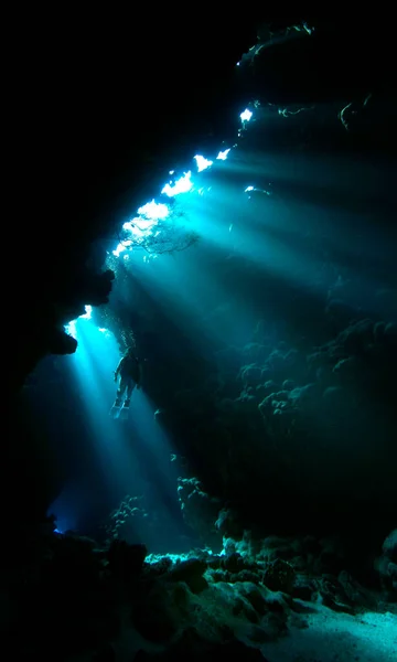 Mergulhador Uma Gruta Mar Vermelho Egito Zabargad — Fotografia de Stock