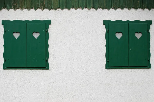 Green Window Shutters Hearts — Stock Photo, Image