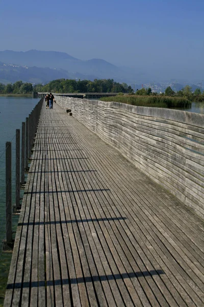 Camino Del Peregrino Santiago Nueva Pasarela Madera Rapperswil Hurden Gall Imagen de archivo