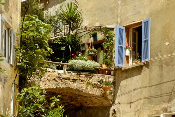 Balcony Full Flowers Open Window Old Town Sartene Corsica France — Stock Photo, Image