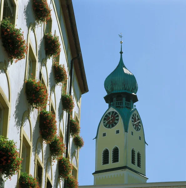 Rosenheim Upper Bavaria Menara Jerman Dari Gereja Paroki Nilolaus Selain — Stok Foto