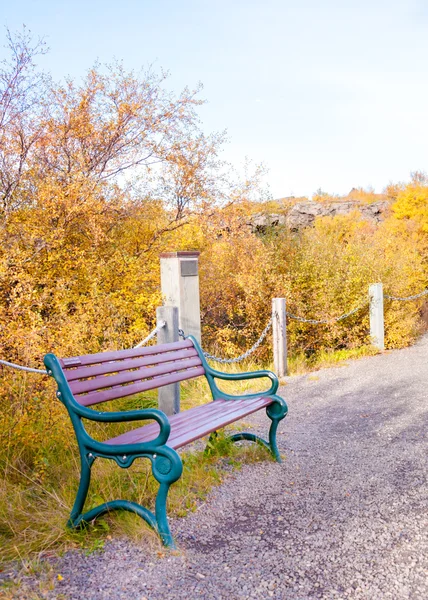 Wooden bench on a natural park in Iceland — Stock Photo, Image