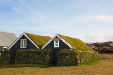 Traditional Icelandic houses with grass roof in Djúpalónssandur museum, Iceland