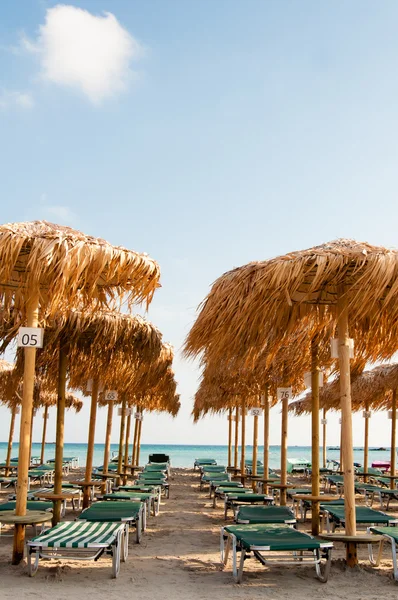 Esernyők és napozóágyak az Elafonissi strandon, Kréta, Görögország — Stock Fotó