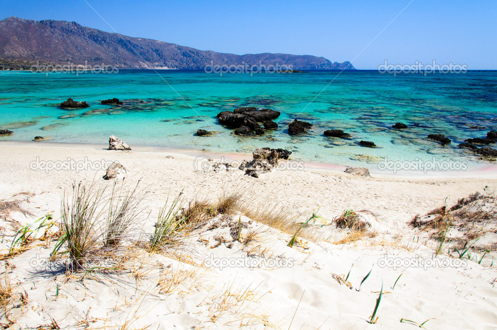 Elafonissi beach, with pinkish white sand and turquoise water, island of Crete, Greece